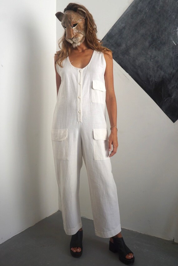 80s Off White Cotton Jumpsuit / Vintage Sleeveless