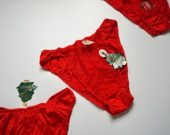 NOS 80s Red High Cut Christmas Panties Lingerie /  Vintage Deadstock Sheer Lace Cotton Undies Gift For Her
