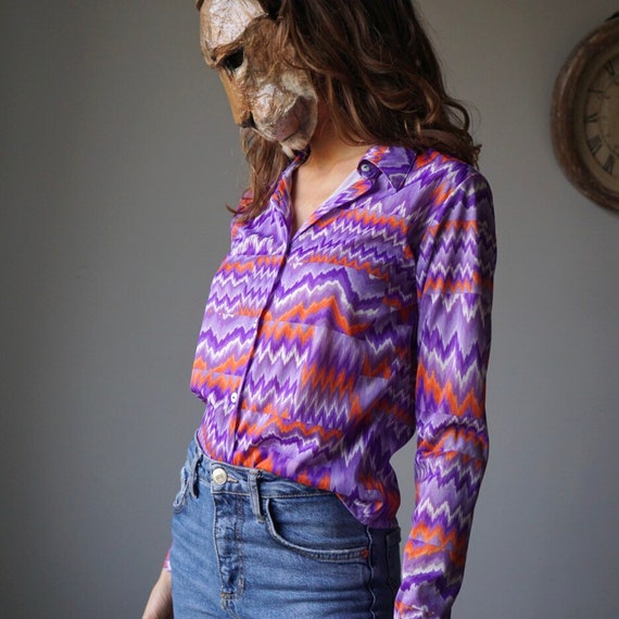 90s Colorful Print Purple Orange Blouse / Vintage… - image 1