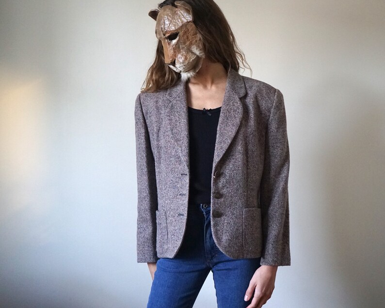 Speckled Gray Wool Blazer Suit Jacket Vintage Winter Paisley Print Tailored Blazer