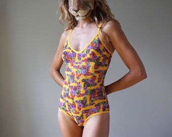 70s Mesh Floral Print Bodysuit / Vintage Deadstock Retro Lingerie Underwear
