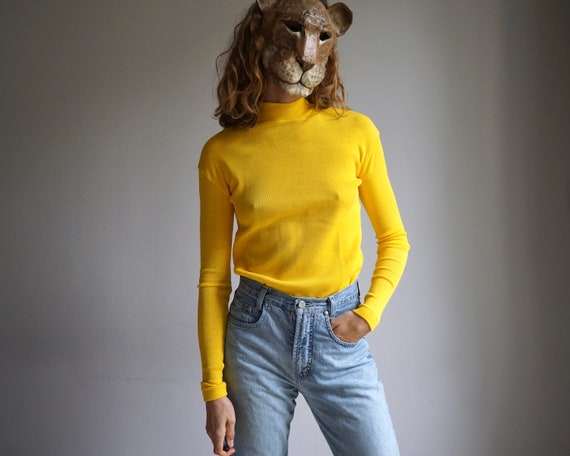 70s Golden Yellow Knit Mockneck Long Sleeves Top … - image 4