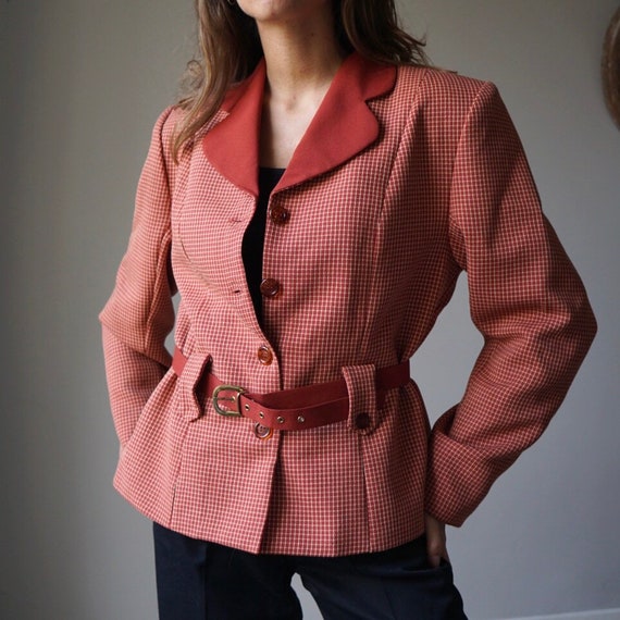 90s Brick Plaid Blazer Jacket / Vintage Shoulder P