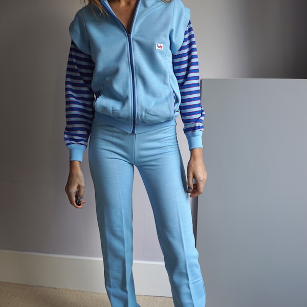 80s Baby Blue Jogger Zipper Sweater Active Suit Outfit / Vintage Deadstock Two Piece Set Leisure Sports Tracksuit Active