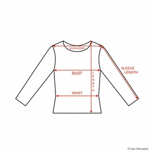 May include: Diagram showing how to measure the bust, waist, shoulders, and sleeve length of a garment. The measurements are shown in inches.