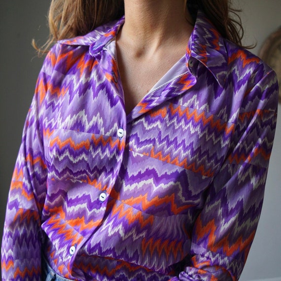 90s Colorful Print Purple Orange Blouse / Vintage… - image 7