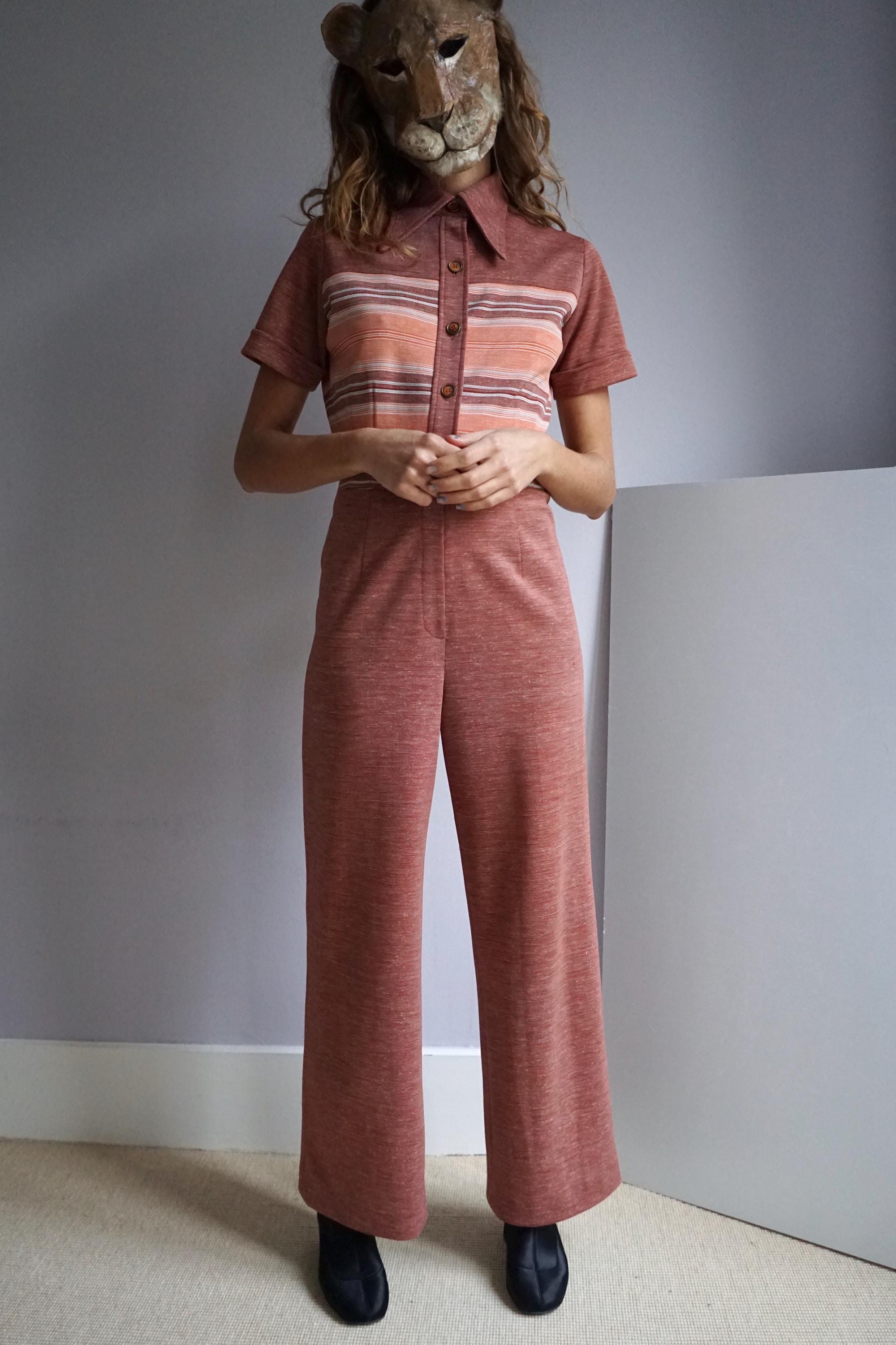 70s Burnt Orange Woven High Collar Flare Jumpsuit / Retro Vintage Short Sleeved Striped Button Up Pantsuit