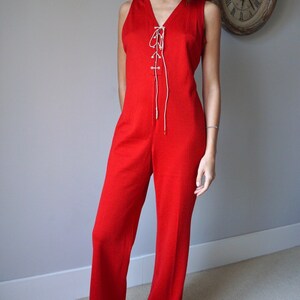 70s Red Sleeveless Jumpsuit / Vintage Retro Mod High Waist Flare Lace-UP Jumpsuit image 6