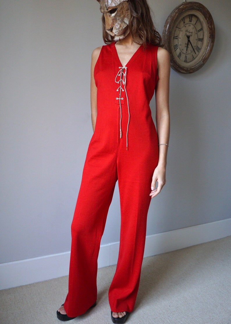 70s Red Sleeveless Jumpsuit / Vintage Retro Mod High Waist Flare Lace-UP Jumpsuit image 6