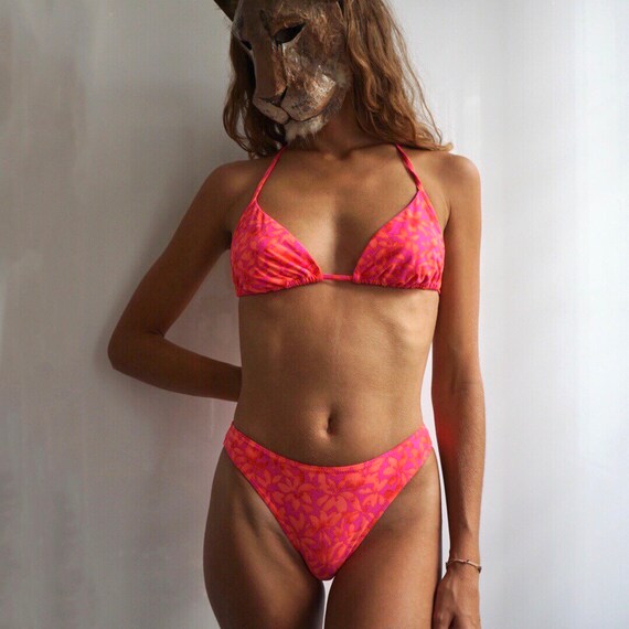 90s Pink Orange Floral Bikini / Vintage Lycra Two