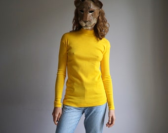 Camiseta de manga larga con cuello alto de punto amarillo dorado de los años 70 / Capa base térmica de invierno de acrílico vintage