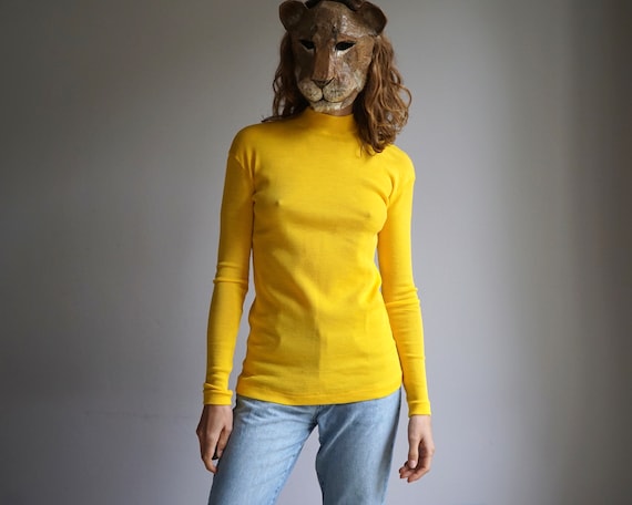 70s Golden Yellow Knit Mockneck Long Sleeves Top … - image 1