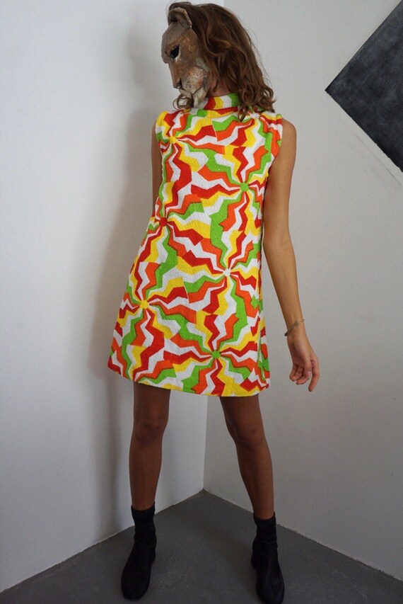 70s Terry Cloth Painted Print Dress / Vintage MOD