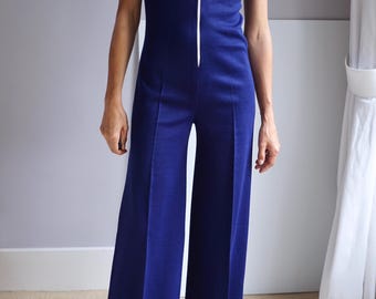 70er Jahre Marine Blau Weitbein Reißverschluss Jumpsuit / Vintage Acryl Strick kultige Disco Hosenanzug
