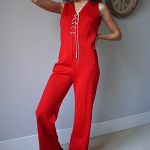 70s Red Sleeveless Jumpsuit / Vintage Retro Mod High Waist Flare Lace-UP Jumpsuit image 2