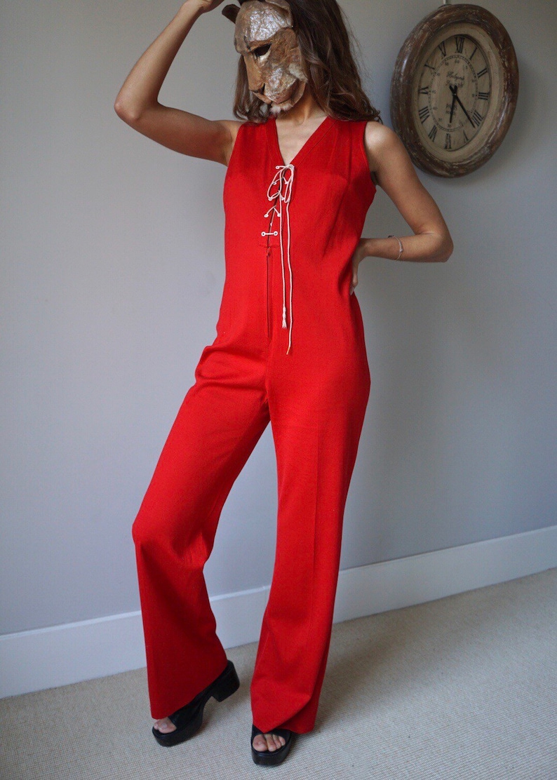 70s Red Sleeveless Jumpsuit / Vintage Retro Mod High Waist Flare Lace-UP Jumpsuit image 2