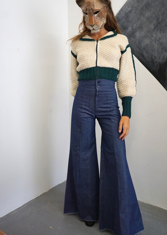 70s Ultra Flare Legs Denim Pants / Vintage Chambra