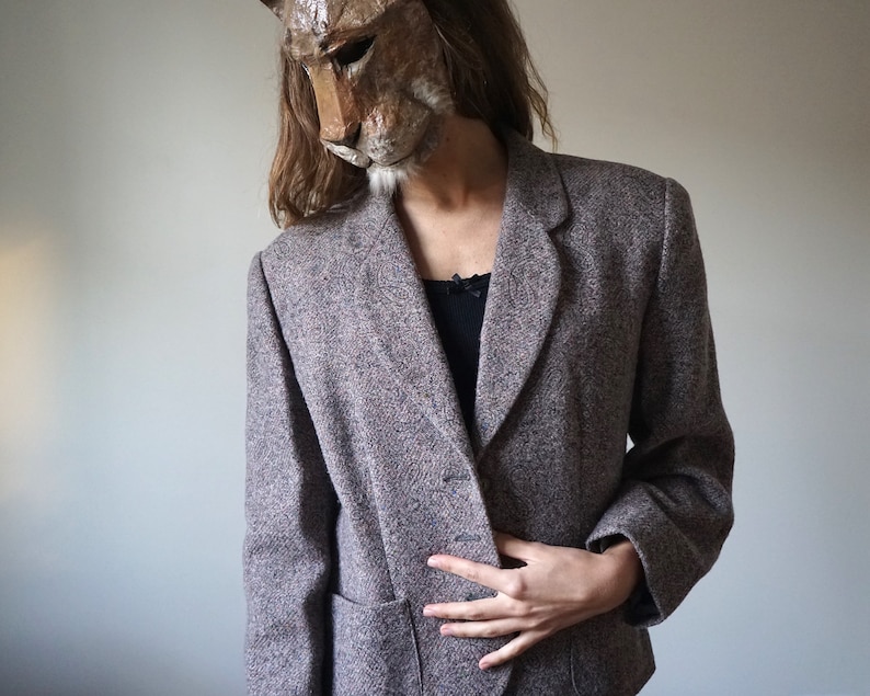 Speckled Gray Wool Blazer Suit Jacket Vintage Winter Paisley Print Tailored Blazer