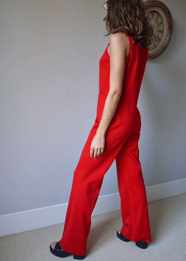 70s Red Sleeveless Jumpsuit / Vintage Retro Mod High Waist Flare Lace-UP Jumpsuit image 4