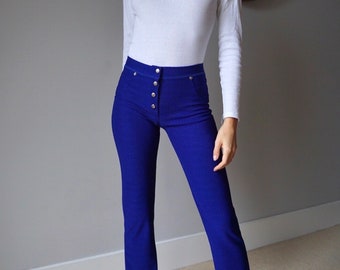 90s Royal Blue Ribbed Mid Rise Leggings / Vintage Deadstock Straight Legs Stretchy Nylon Fitted Pants