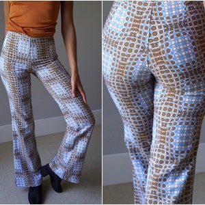 00s Print Flare Pants / Young Vintage Mod 70s Inspired Psyche Stretchy Bell Bottoms Y2K