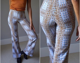 00s Print Flare Pants / Young Vintage Mod 70s Inspired Psyche Stretchy Bell Bottoms Y2K