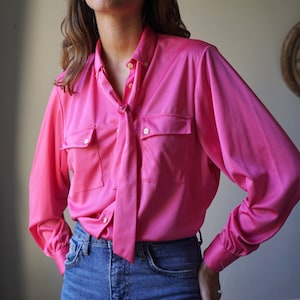 90s Fuschia Pink Tie Neck Blouse / Vintage Button Up Strong Pink Satin Blouse