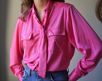 90s Fuschia Pink Tie Neck Blouse / Vintage Button Up Strong Pink Satin Blouse