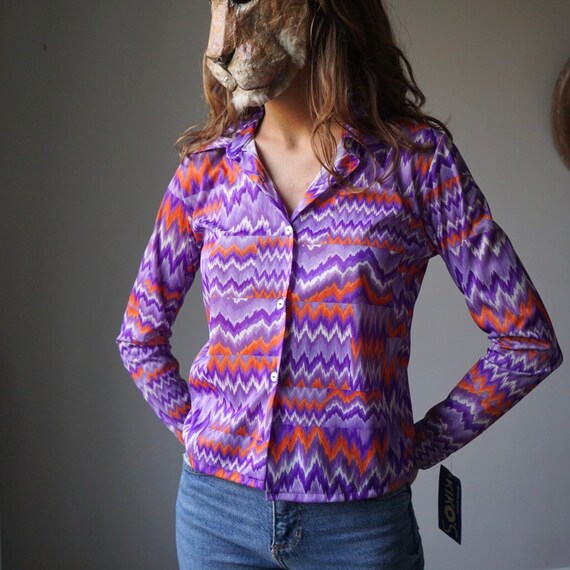 90s Colorful Print Purple Orange Blouse / Vintage… - image 3