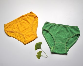 NOS 60s 70s Semi Sheer Pointelle Estilo Media Cintura Undies / Vintage Amarillo Verde Elástico Encaje Malla Italiana Breve Ropa Interior