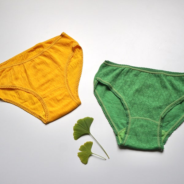 NOS 60s 70s Semi Sheer Pointelle Style Mid Waist Undies / Vintage Yellow Green Stretchy Lace Mesh Italian Brief Underwear