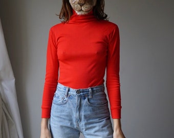 70s Neon Pink Red Nylon Long Sleeves Top / Vintage Turtle Neck Plain Color Base Layer