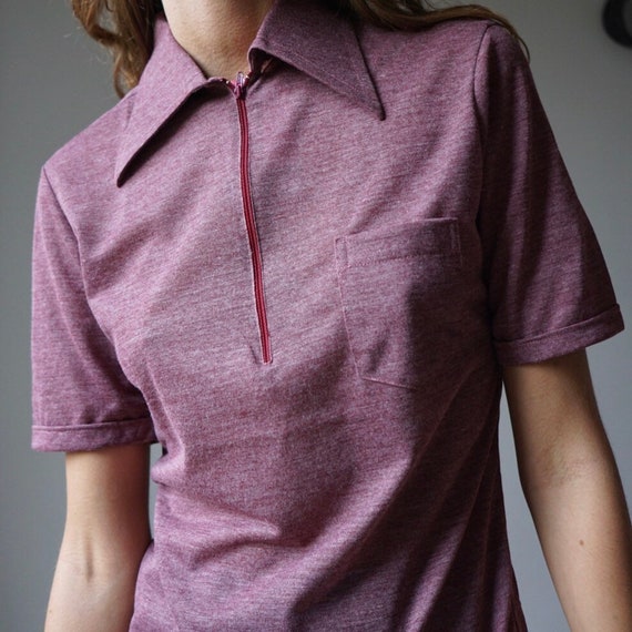 NOS 70s Burgundy Heather Knit Polo Shirt / Vintag… - image 7