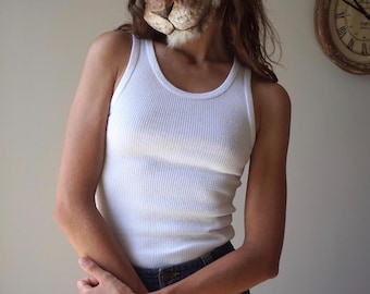NOS 70s White Ribbed French Pure Cotton Vintage Tank Top Singlet