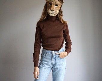 70s Chocolate Turtle Mock Neck Long Sleeves Top / Vintage Solid Brown Acrylic Thermal Winter Base Layer
