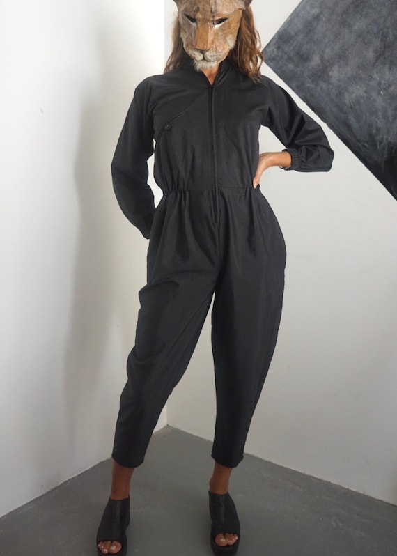 80s Raw Silk Zipper Jumpsuit / Vintage Black Asian