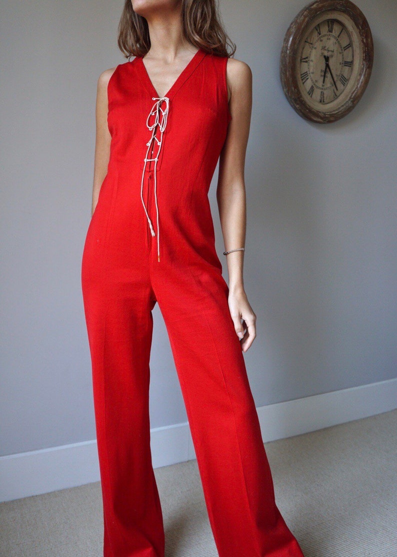 70s Red Sleeveless Jumpsuit / Vintage Retro Mod High Waist Flare Lace-UP Jumpsuit image 7