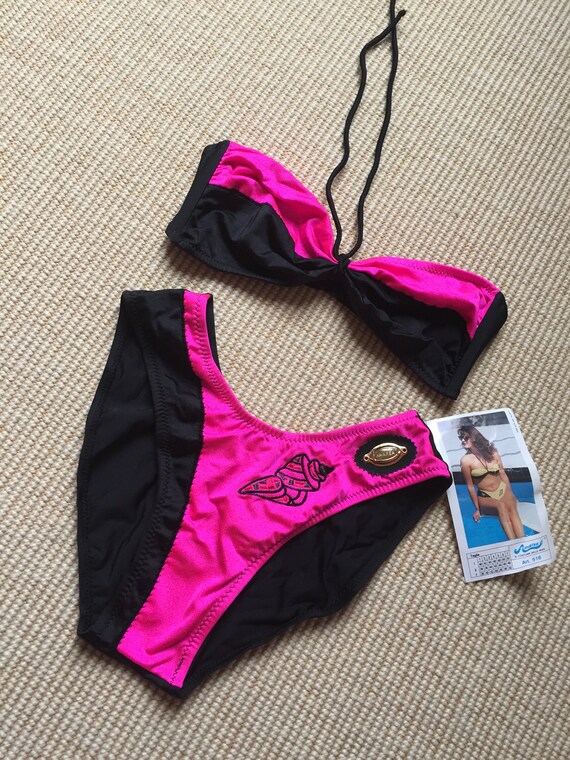 80s High Cut Black Pink Bikini Set / Vintage Deadstoc… - Gem