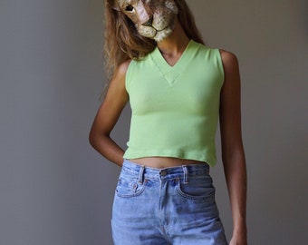 90s NOS Apple Green Waffle Crop Top / Vintage Deadstock Terry Stretchy Mini Sleeveless Top