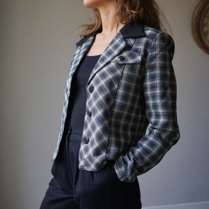90s Black Gray Plaid Blazer Jacket / Vintage Button Up Blazer