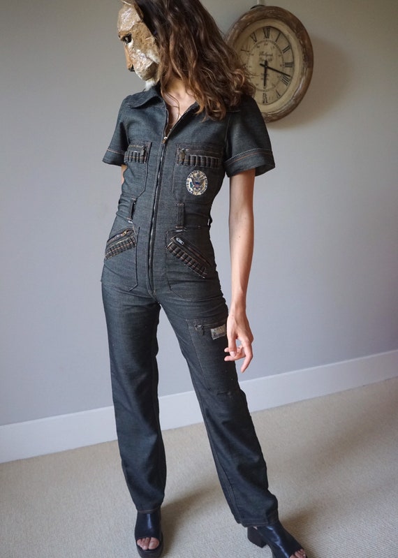 70s Denim Used Jumpsuit / Vintage Raw Blue Zipper