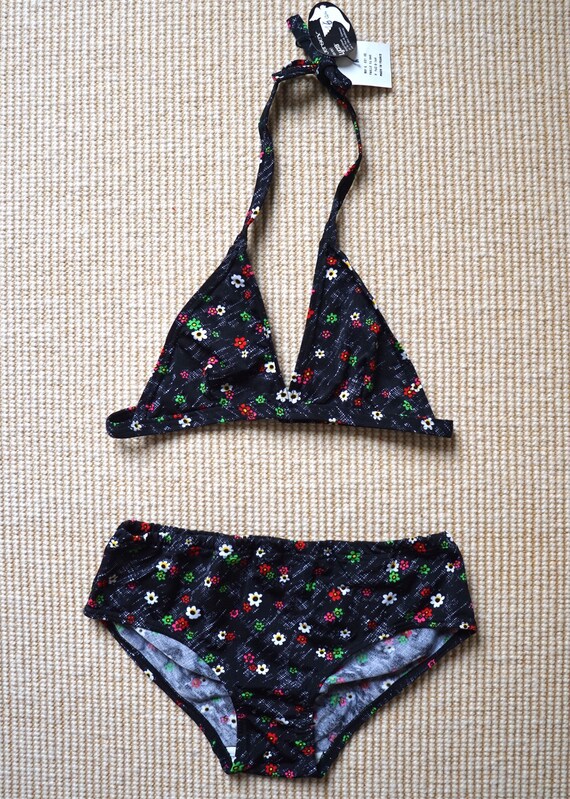 80s NOS Flower Print Bikini / Vintage Black Color… - image 5