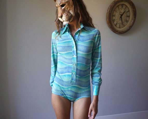 NOS 70s Aqua Blue Print Bodysuit / Vintage Blouse