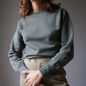 May include: A sage green long-sleeved sweatshirt with a crew neck.