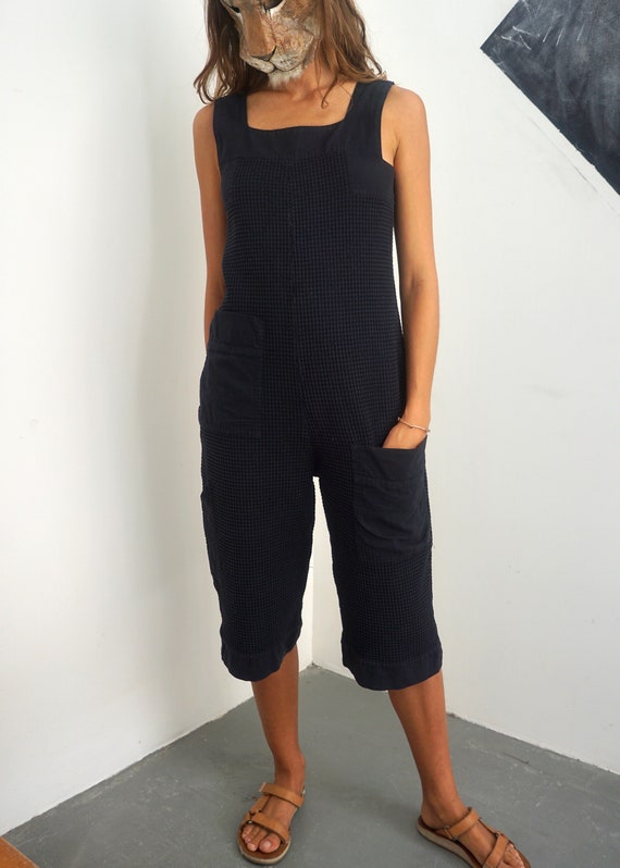 Vintage Cropped Waffle Faded Black Easy Romper / W