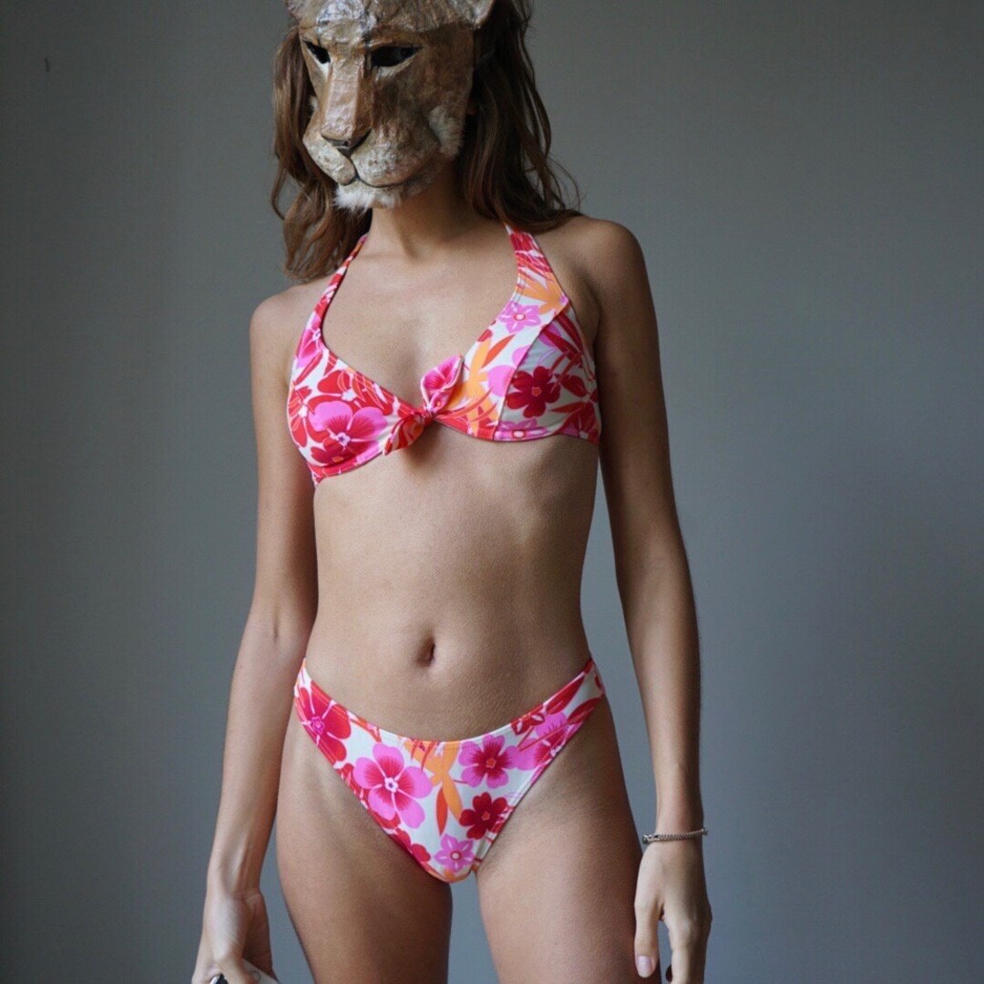 00s Pink brown print bikini