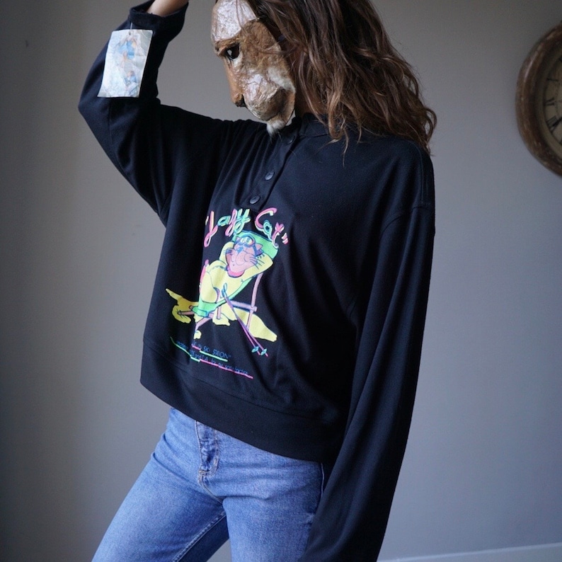 90s Black Half Buttoned Long Sleeved Top / Vintage Fluo Kids Skiing Style Lightweight Sweater image 3