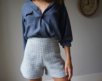 NOS 80s Wool Blend Tweed Shorts / Vintage Light Blue Winter High Waist Flared Shorts