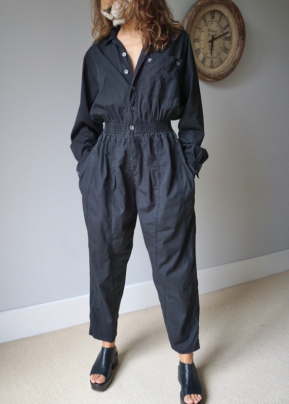 80s Black Cotton Puffer JumpSuit / Utility Button