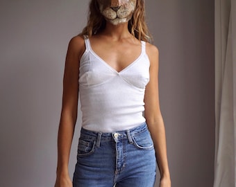 NOS 80s Pointelle White Pure Cotton Cami Vintage Deadstock Romantic Ribbed Bra Sewn Cups Tank Top Layer Underwear